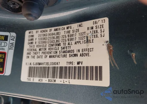 2014 Honda Cr-V Ex-L from USA, damaged, VIN 5J6RM4H73EL008047